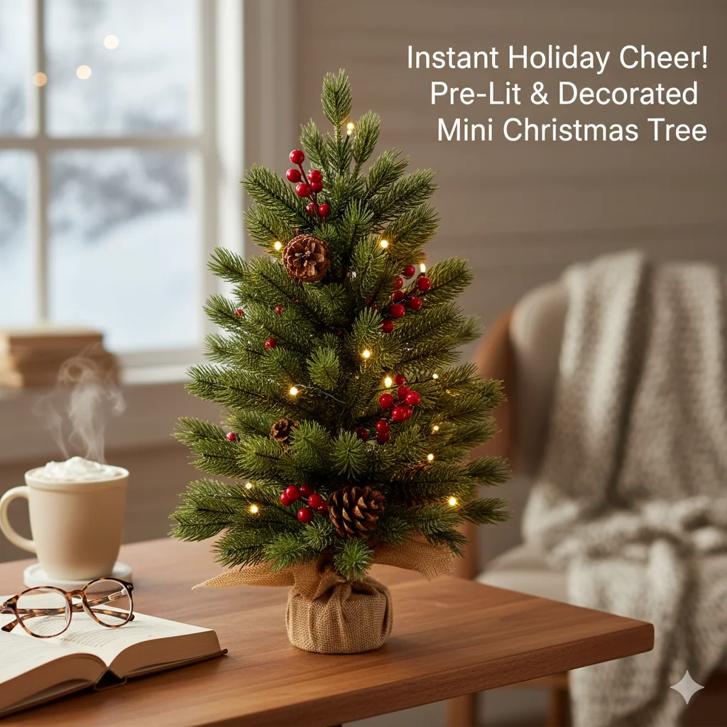 

2025 LED Tabletop Christmas Tree 45CM Artificial Pine Tree With Lights, Berries Burlap Base For Holiday And New Year Decor