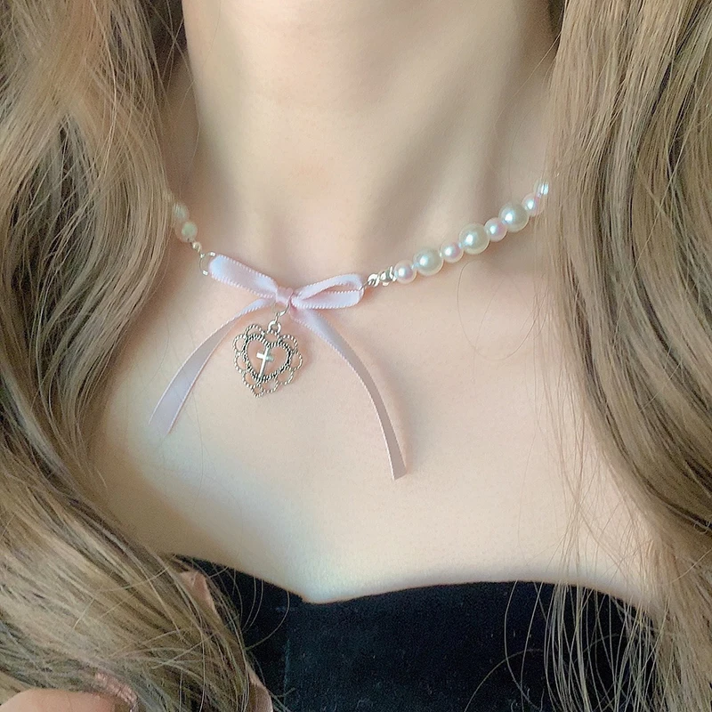 Sweet Bow Love Cross Imitation Pearl Pendant Necklace For Women French Romantic Lolita Clavicle Chain Vogue Jewelry Accessories