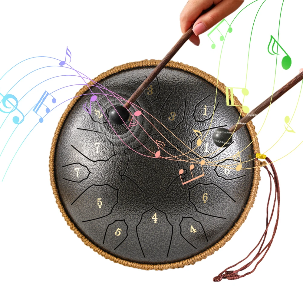 

12-дюймовый стальной язычковый барабан с сумкой и палочками, 15 нот, для йоги, медитации, звукотерапии, D-тона, эфирный барабан