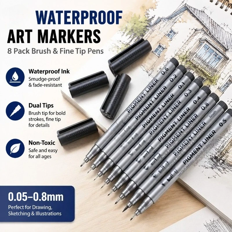 Waterproof Art Markers, 8 Pack Brush & Fine Tip Pens, 0.05-0.8mm, Non-Toxic Ink for Drawing Sketching