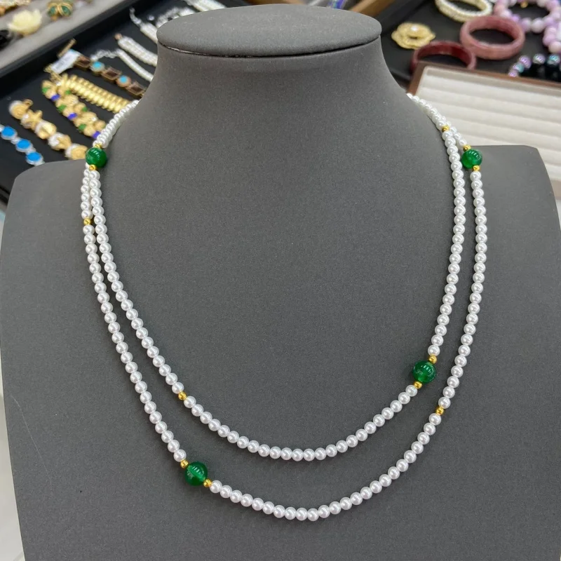 Double Layer Imitation Pearl Long Sweater Necklace Green Round Bead Gold Tone Women Daily Jewelry