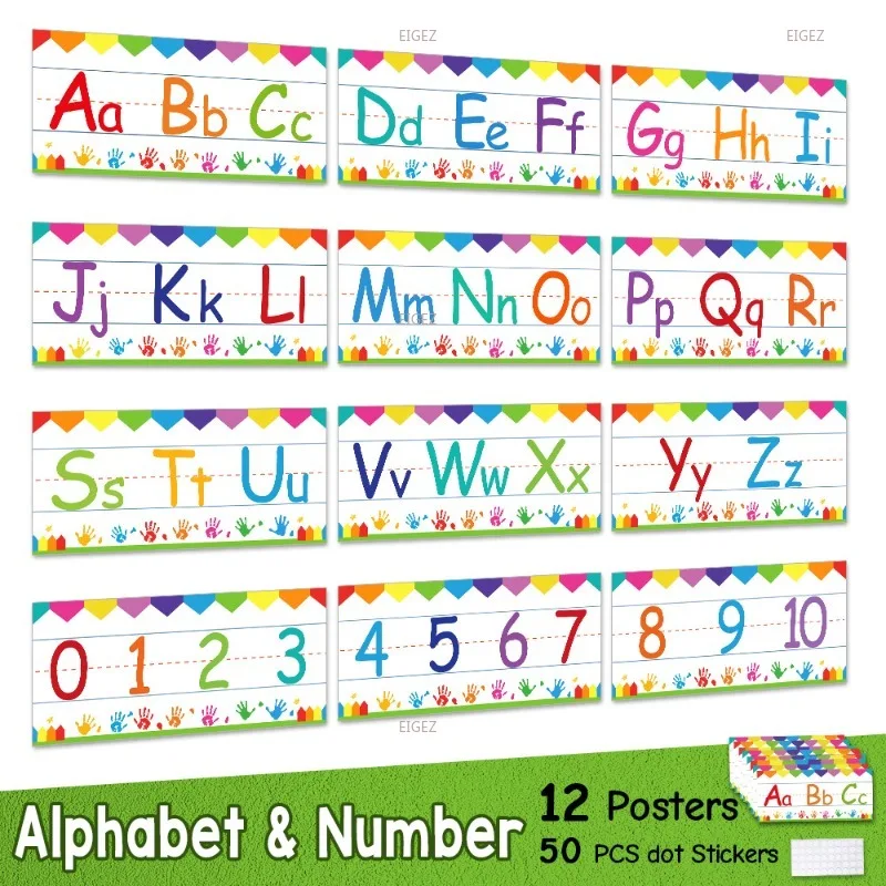 

12 Sheets of 26 Alphanumeric ABC English Classroom Wall Decoration, Children's Learning Cards, Teaching Aids