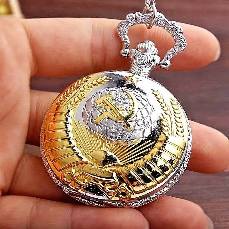 

Retro Emblem USSR Soviet Badges Hammer Sickle Pocket Watch Retro Russia Army CCCP Communism Necklace Clock Chain For Men Wome