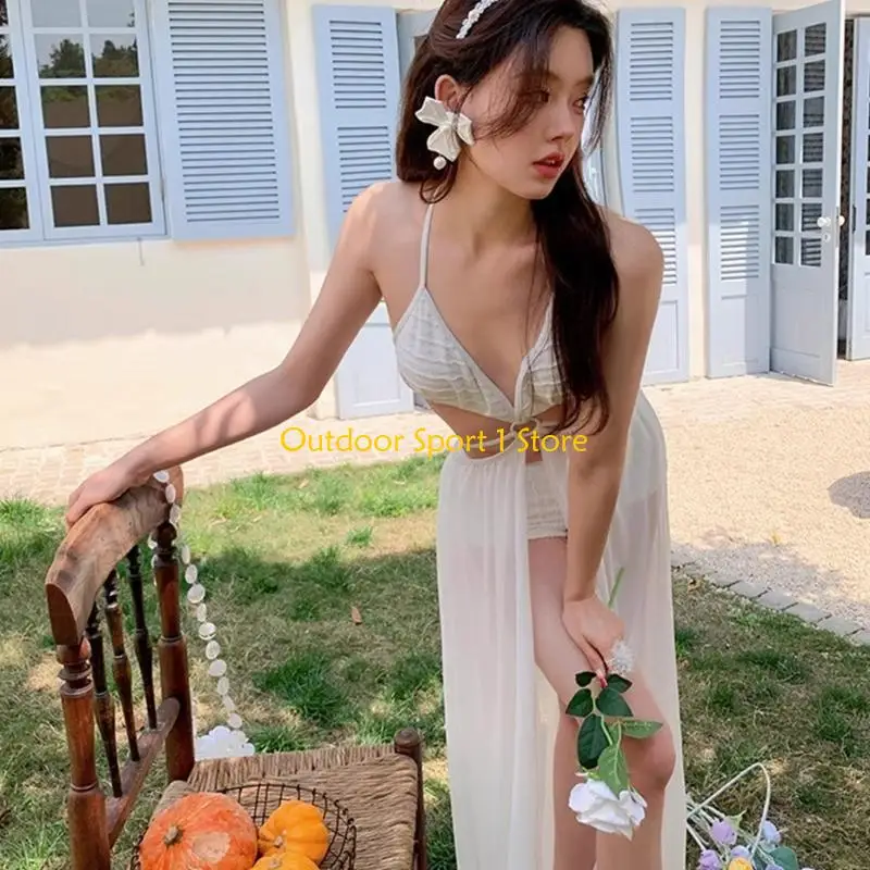 

A0KA Halterneck Triangular Swimsuit Set for Women with Sheer Beach Coverup Wrap Skirt Ladies V Neck Bathing Suit Swimwears