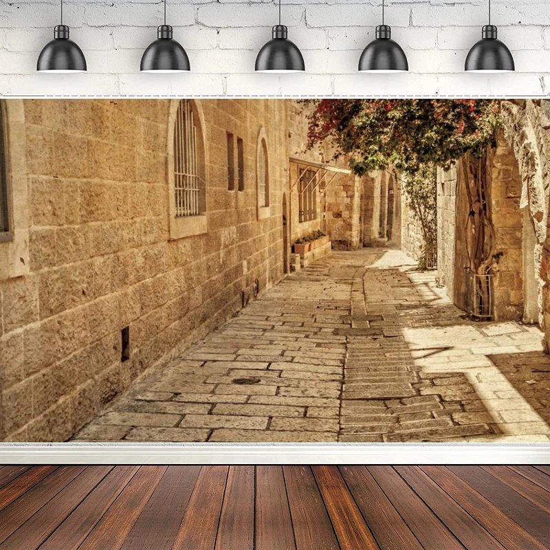 Photography Backdrop Jerusalem Old Narrow Street Banner Old Stone Spring Flowers Sunshine Background For Ancient Stone Wall