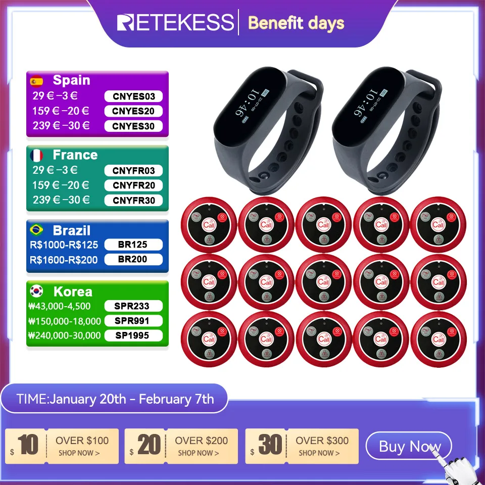 

RETEKESS Restaurant Pager Wireless Waiter Calling System TD112 Waterproof Watch Pager Receiver T117 Call Buttons for Cafe Bar