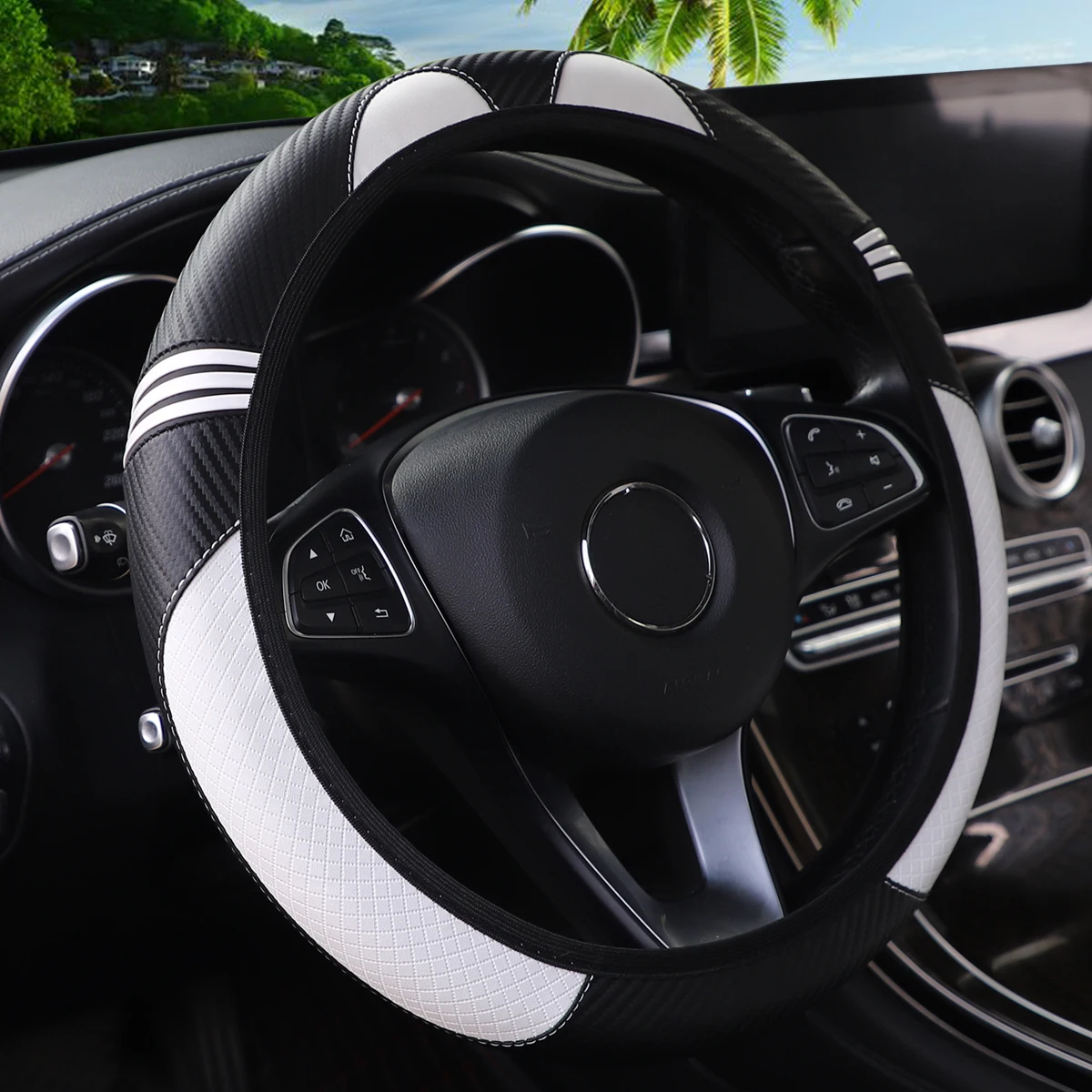 1 little monster PU embossed leather automotive supplies without inner ring steering wheel cover fits 14.5-15 inches image 4