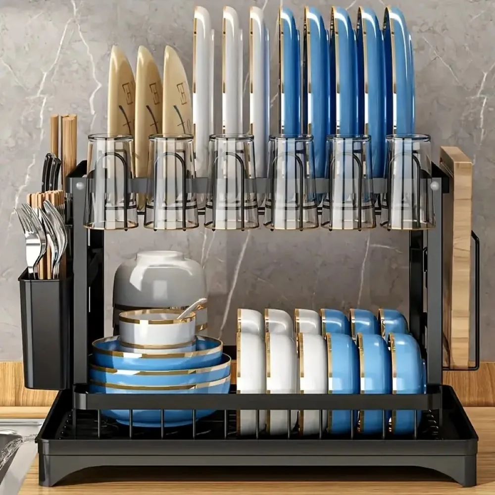 Dish Racks 2 Tier Dish Drainer Rack with Utensil Holder, 360° Swivel Spout,Detachable Metal Dish Drying Rack,Draining Board Rack