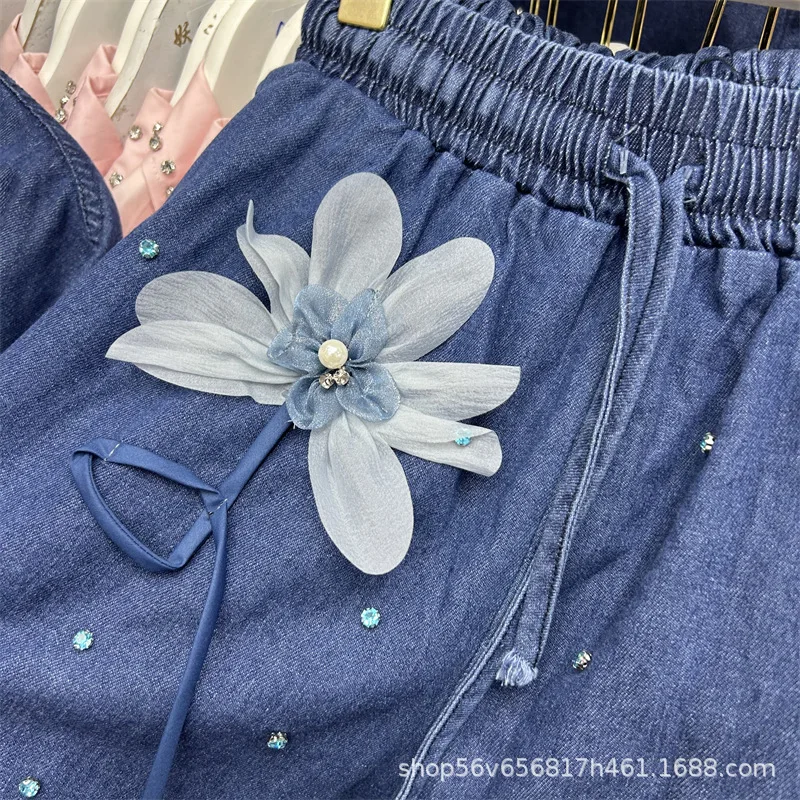 

Y2k Blouse Shorts Set Diamond 3D Flower Short-sleeved Denim Shirt Top Elastic Waist Wide-leg Short Pants Two-piece Outfits Women