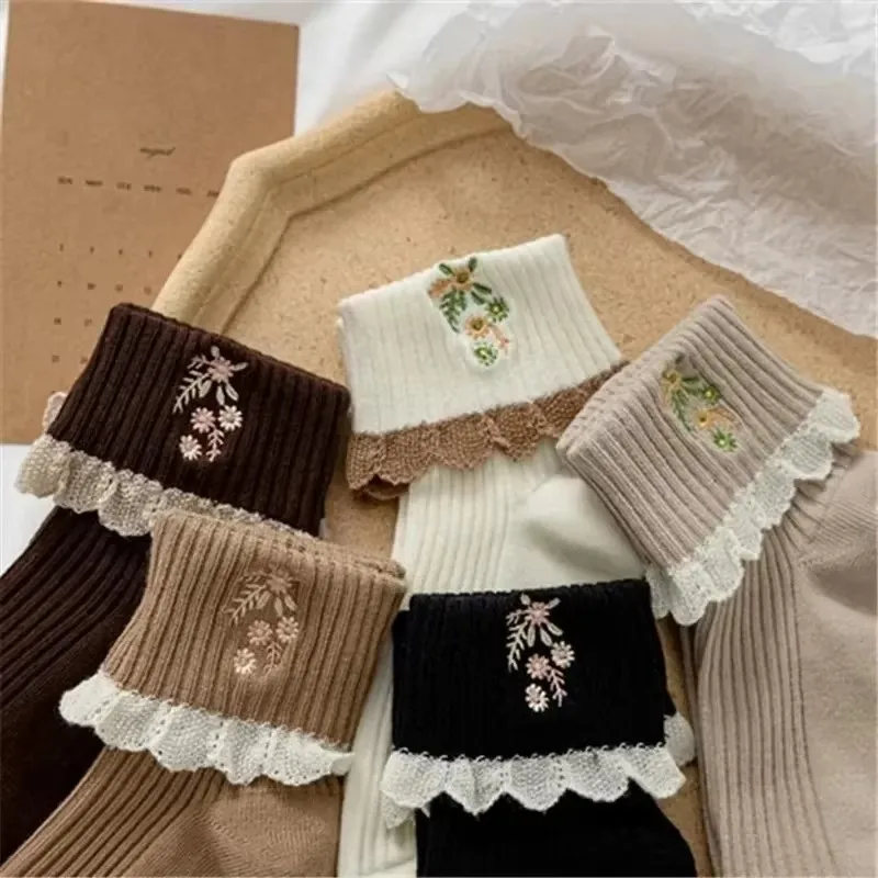 Kawaii Japanese Cute Socks JK Lolita Lace Frilly Ruffle Socks Women Fashion Flower Embroidery Harajuku Retro Vintage Crew Socks