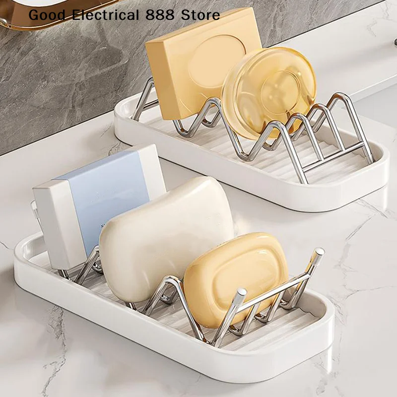 Stainless Steel W-Shaped Soap Holder Soap Rack with Sponge Holder Drain Tray Bathroom Soap Dish Box Organizer Sink Countertop