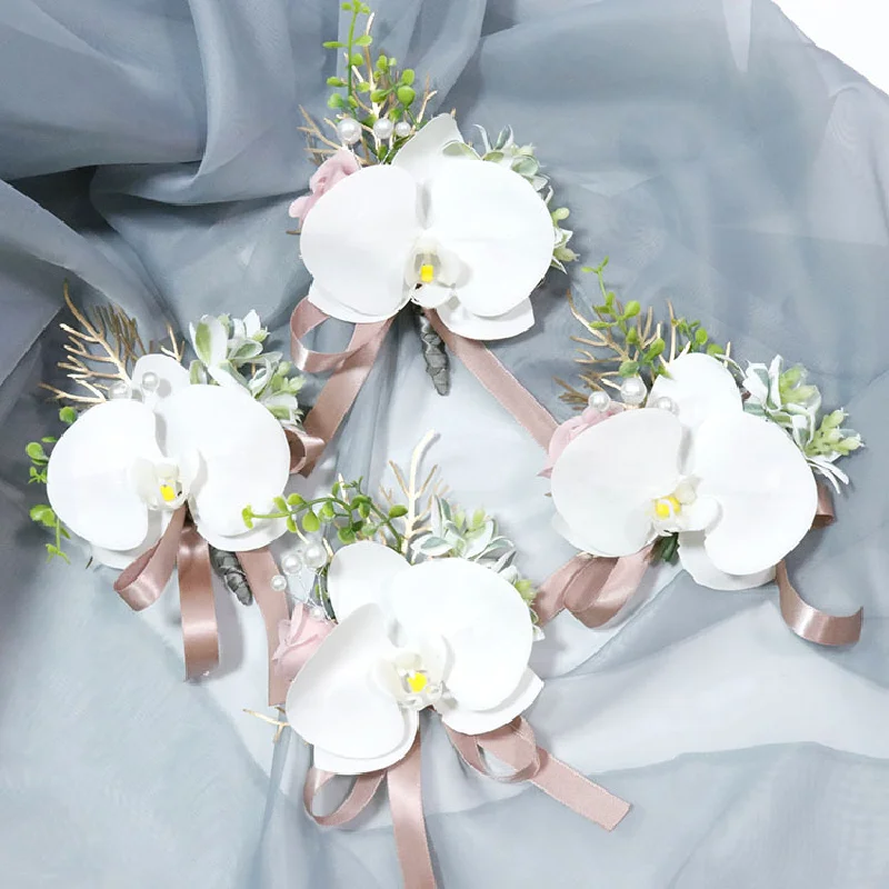 Boutonniere 및 손목 코르사그 비즈니스 축하 체스트플라워 시뮬레이션 웨딩 용품, 화이트 호접란 난초 450