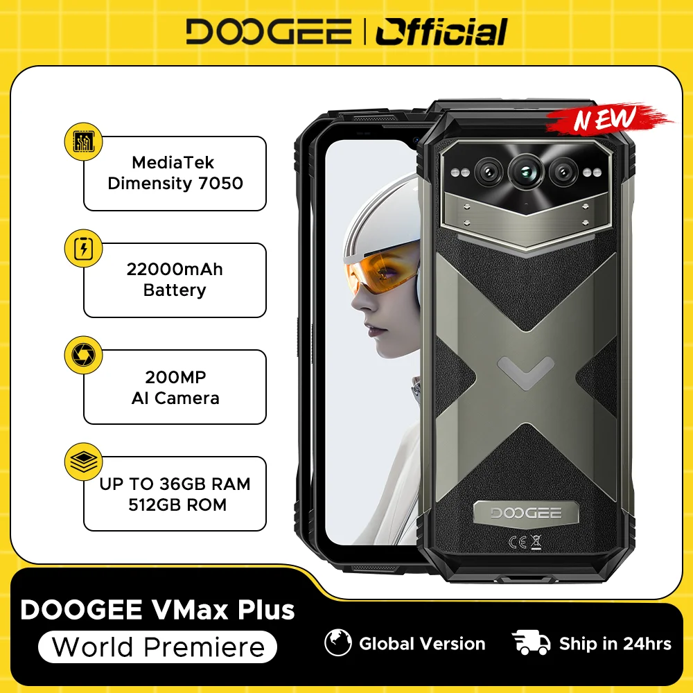 DOOGEE V Max Plus 견고한 휴대폰, 6.58 인치, 120Hz, 36GB(16 + 20), 512GB, 200MP Ai 카메라, 22000mAh 배터리, 조명 효과, 안드로이드 14 