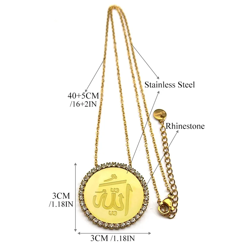 Islam Muslim Allah Quran Rhinestone Hollow Pendant Necklace Women Men Stainless Steel Gold Color Chain Islamic Amulet Jewelry