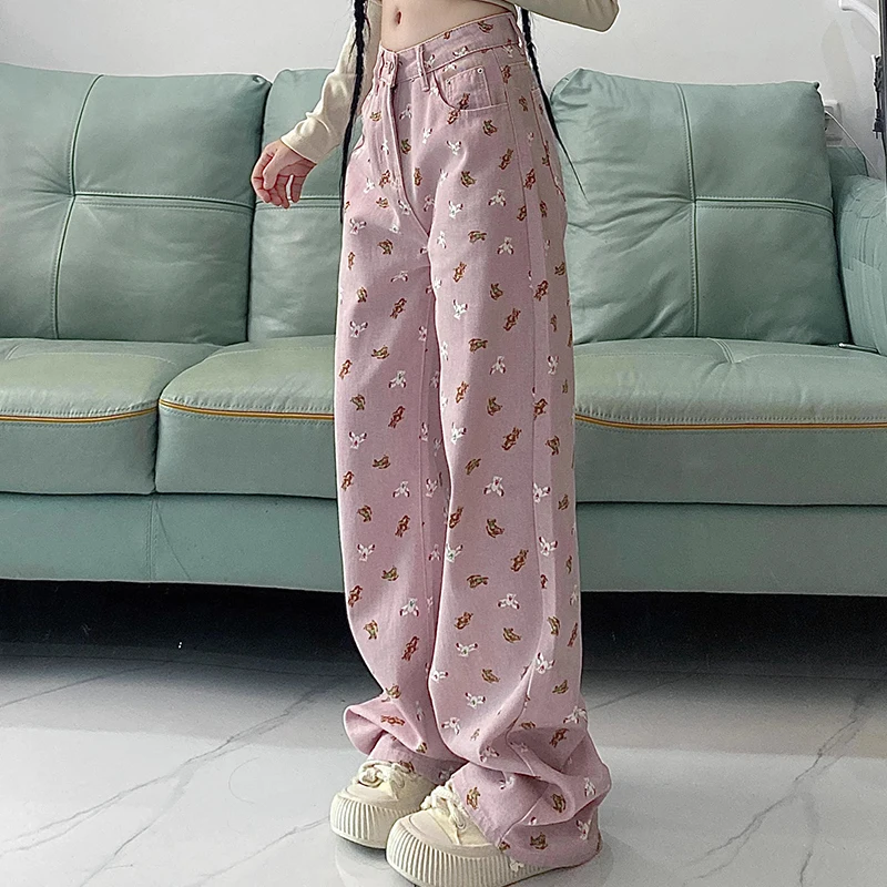 Korea Sweet Pink Printed Jeans for Women Spring/summer Straight Leg Wide Leg Casual Pants 2024 Y2K Casual Street Jeans for Women