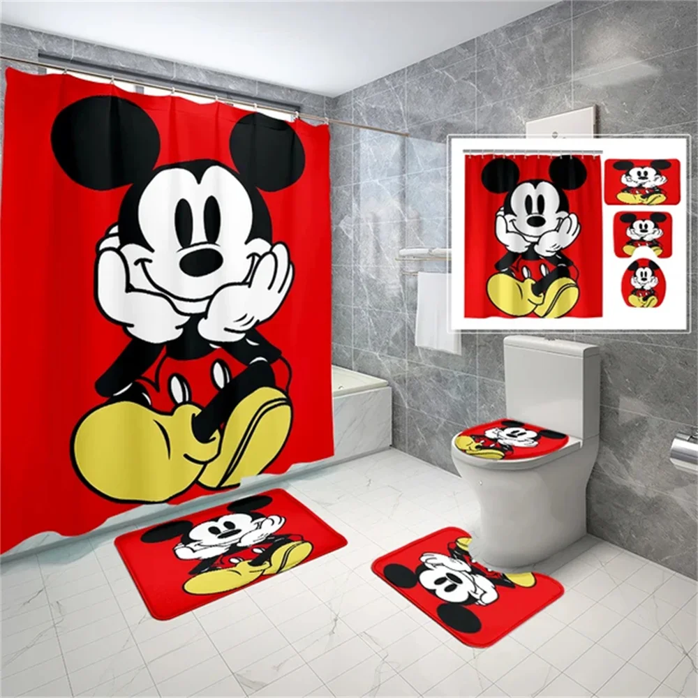 Mickey Minnie 4pcs Shower Curtain Set with Non-slip Rug Toilet Lid Cover Bath Mat Cartoon Bathroom Decoration Waterproof Curtain