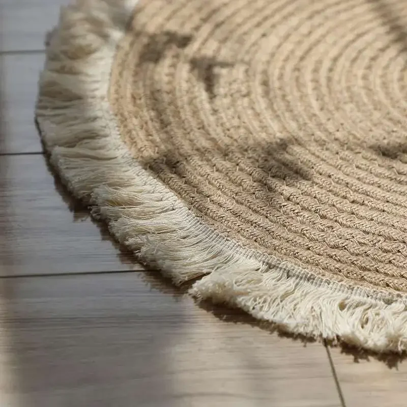 Japanese Style Round Carpets Natural Jute Mats Handmade Rattan Grass With Tassel Rugs Sofa Tea Table Mat Living Room Home Decor