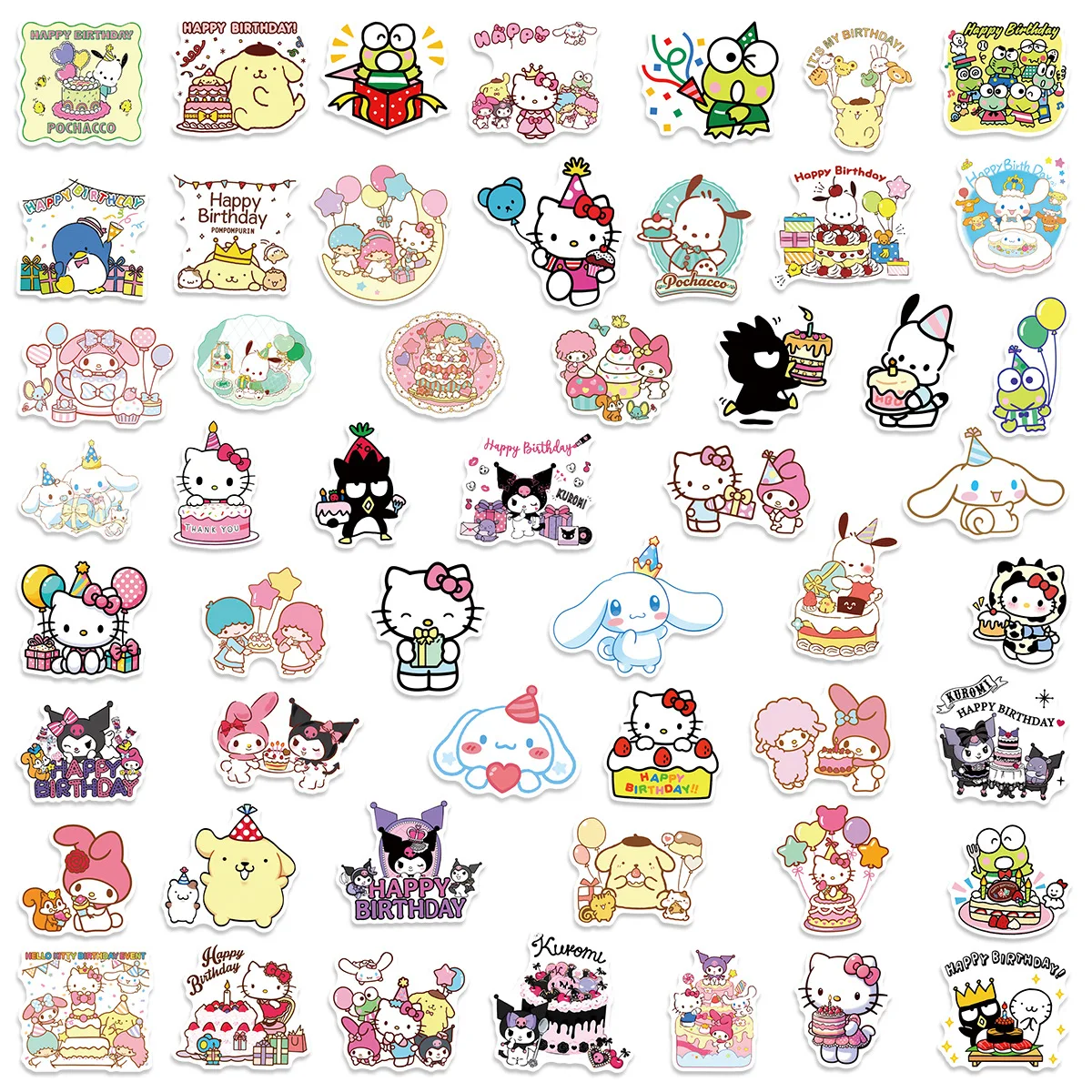 50Pcs 생일 에디션 Sanrio 스티커 생일 파티 선물 상자 기타 스케이트 보드 수하물 장식 방수 스티커