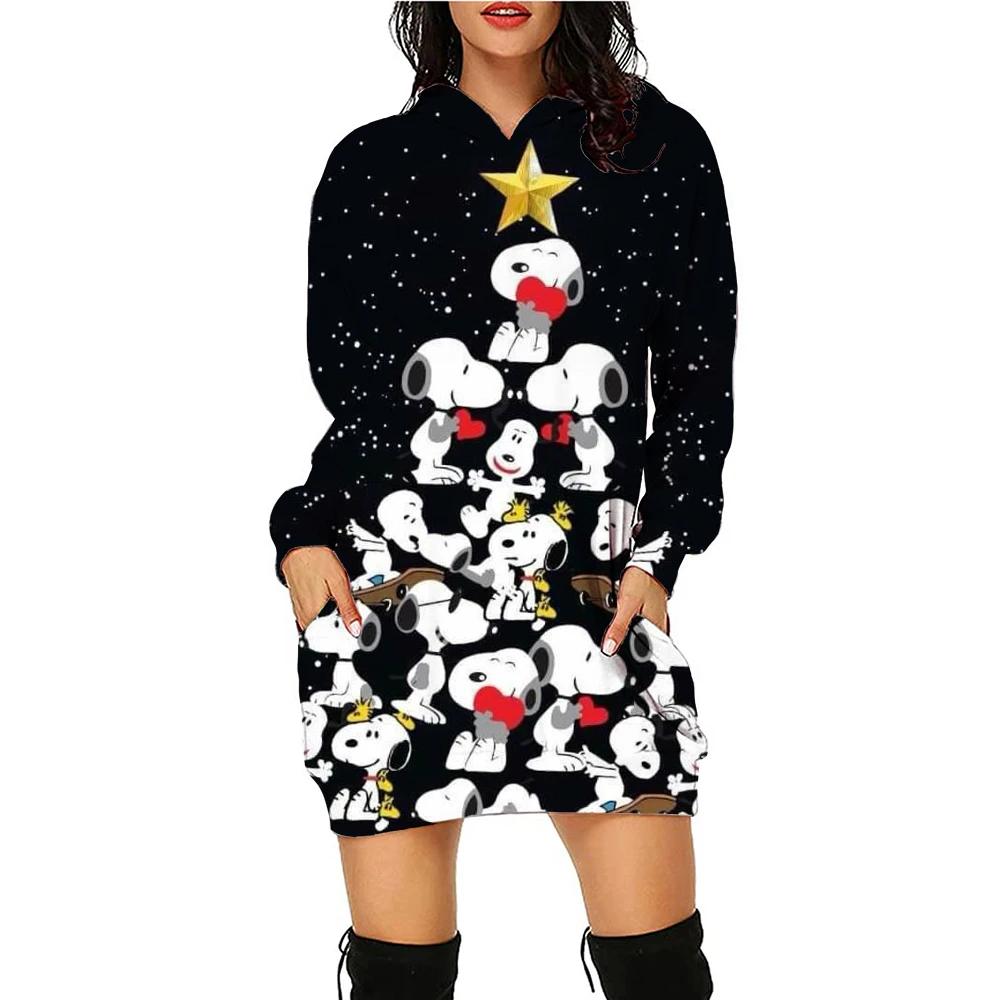 Disney Y2k Sweater Dress Kawaii Hoodie Snoopy Printed Women\'s Elegant Dress Minnie Mouse Fashion Women Knee length Sexy Long Sle