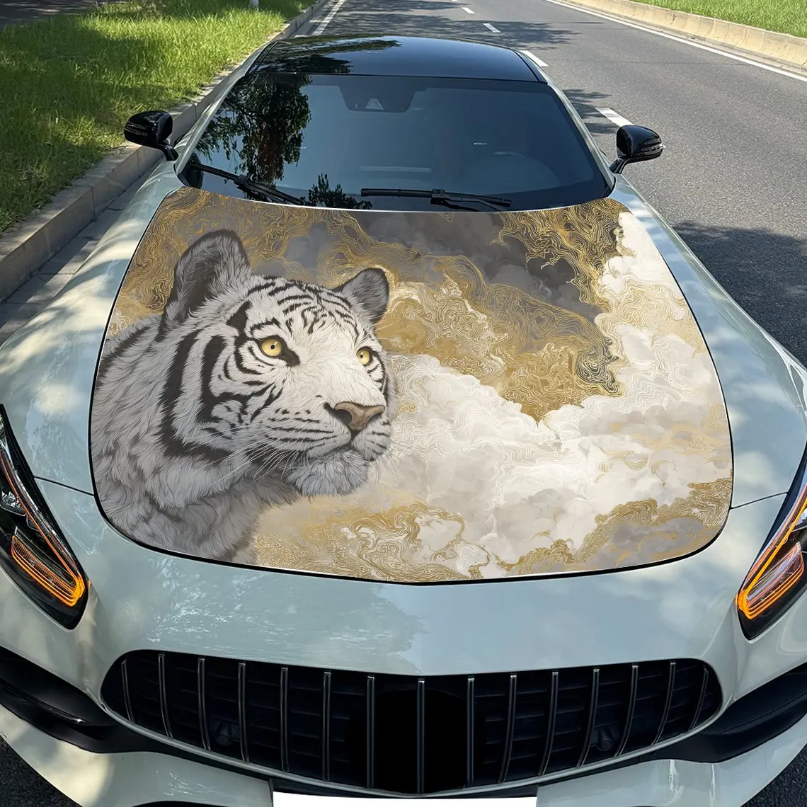 

Golden Cloud White Tiger Car Vinyl Wrap - Waterproof, Self-Adhesive, Scratch-Resistant Decal For Cars & Trucks, Durable Engine C