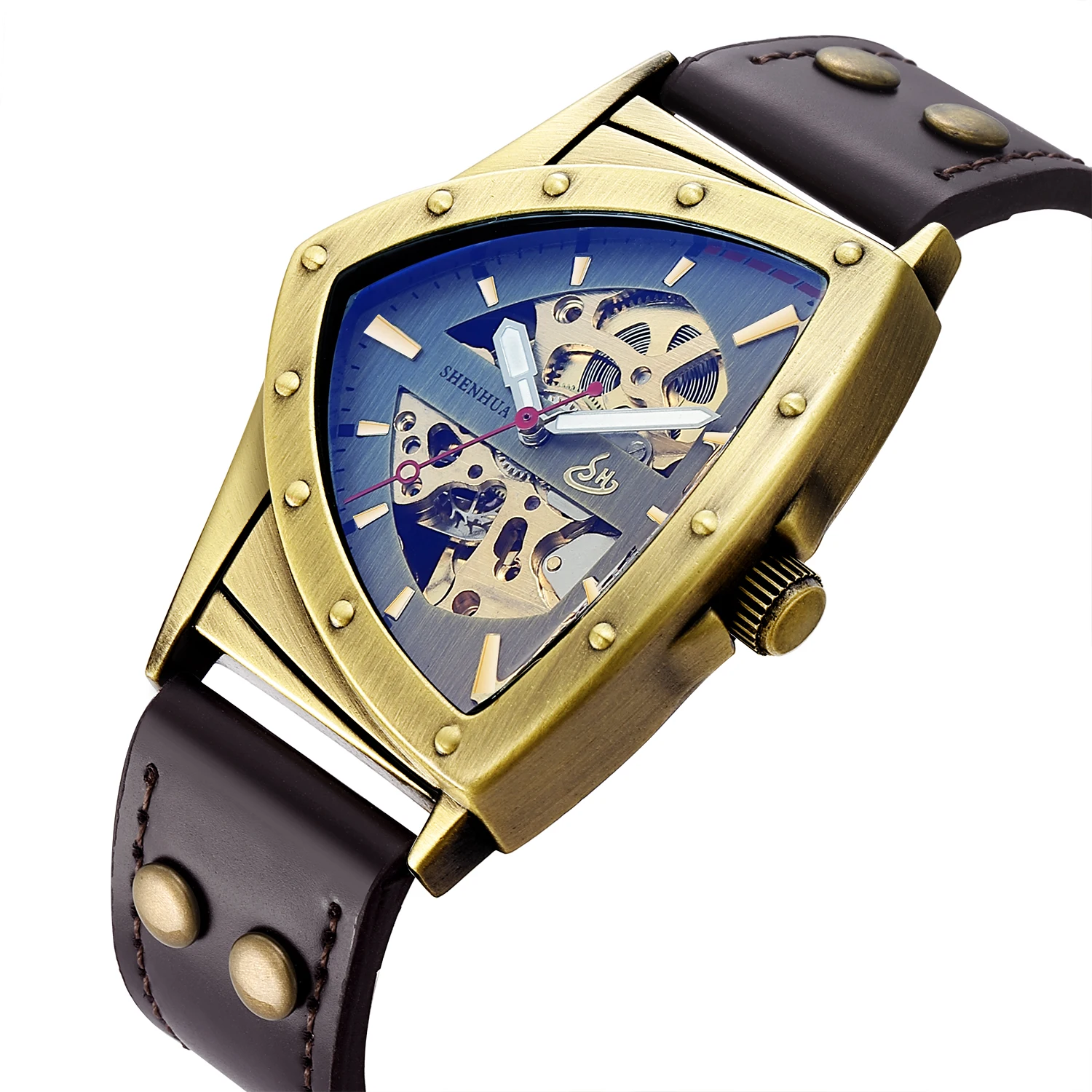 Fashionable personalized hollow triangular antique copper luminous retro punk no digital fully automatic mechanical men watch