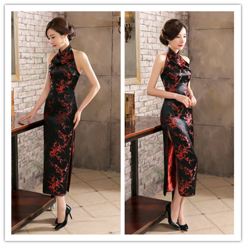 Vintage Lady Sexy Satin Qipao Evening Dress Classic Backless Cheongsam Female Traditional Chinese Wedding Dress Oriental Qipao