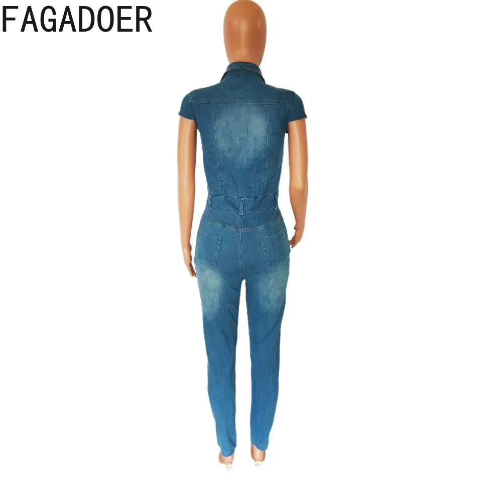 Imagem -06 - Fagadoer-macacão Jeans Bodycon Azul Feminino Macacão Fino Gola Virada para Baixo Bolso sem Mangas Cowboy Casual Geral Botão de Moda