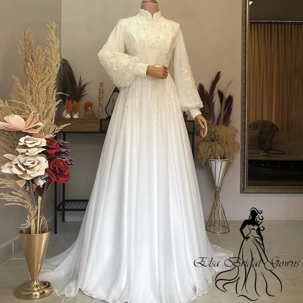 Customized Wedding Dresses High Neck Lace Applique Marriage Bridal Gown Moroccan Full Sleeves Lady Formal Outfits White Ivory