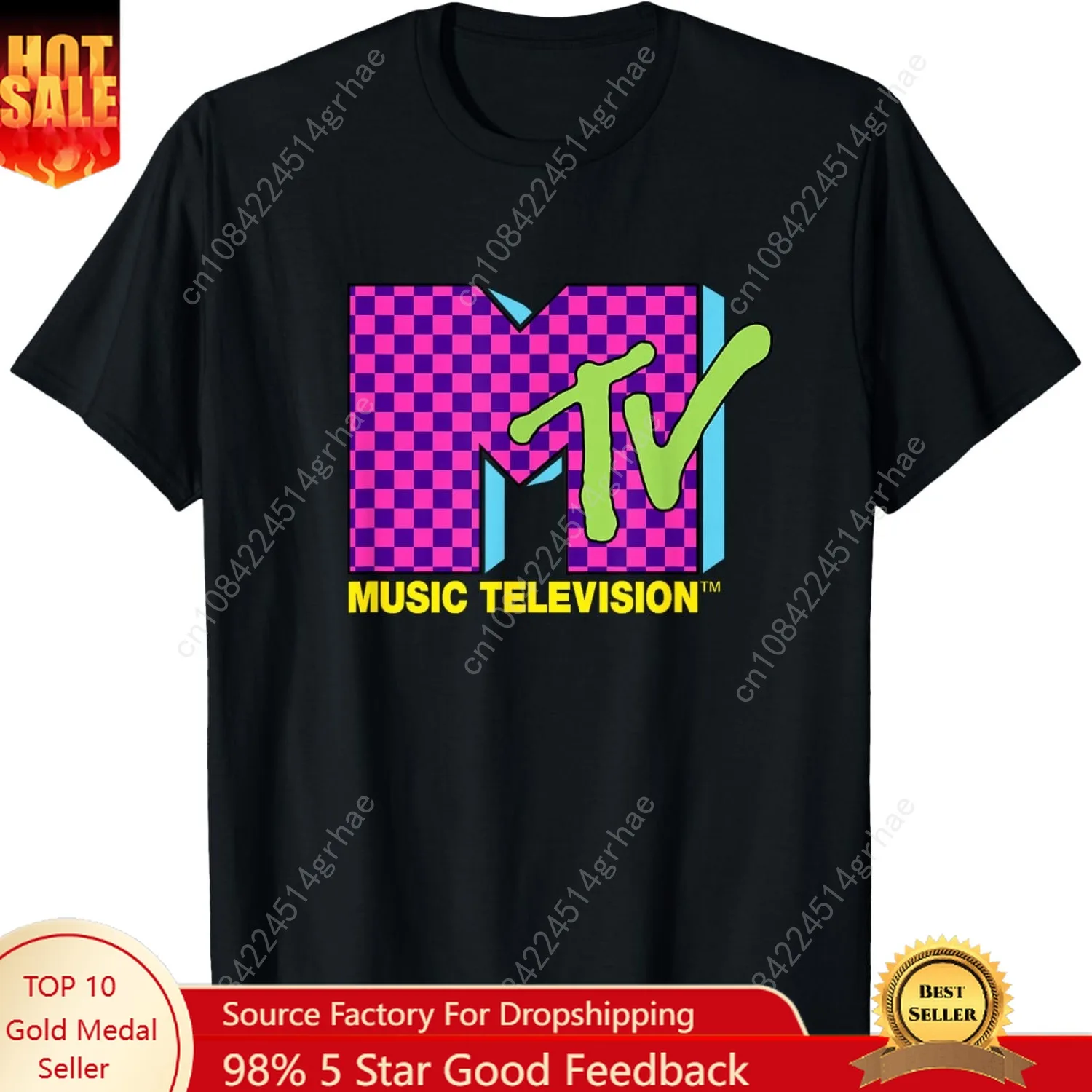 تي شيرت MTV Music Television Retro 80's Neon Pink Checkerboard Logo #1