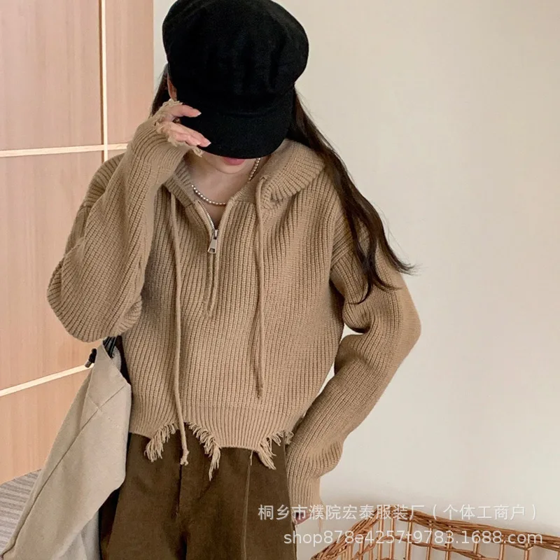 Women's Half Zipper Knitted Hooded Sweater, Simple Torn Edge, Korean Version Loose Pullover, Autumn and Winter