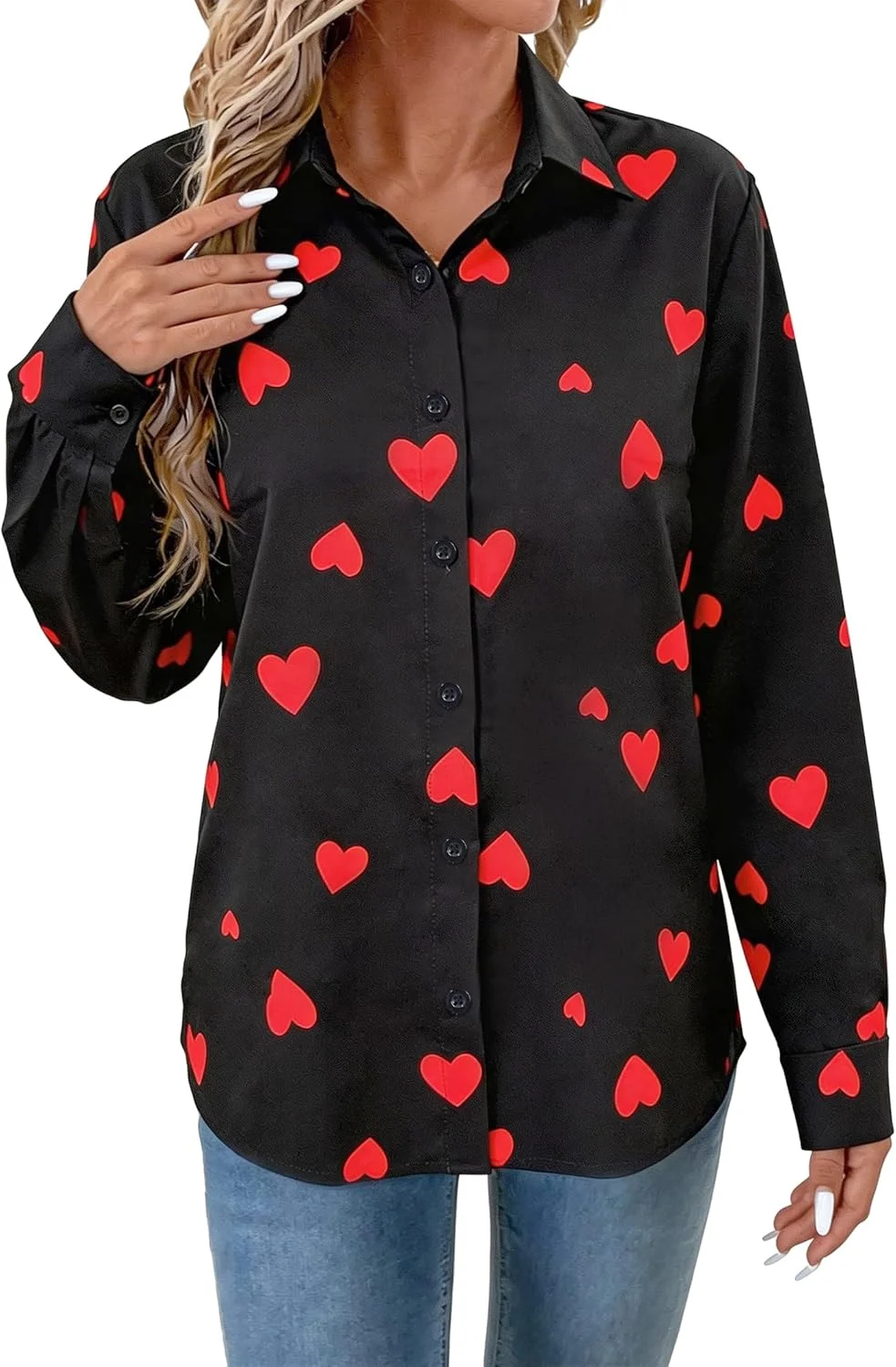 2026 Women's new thin long-sleeved shirt chiffon shirt red heart gold chain 3D printed shirt blush women's street commuting top