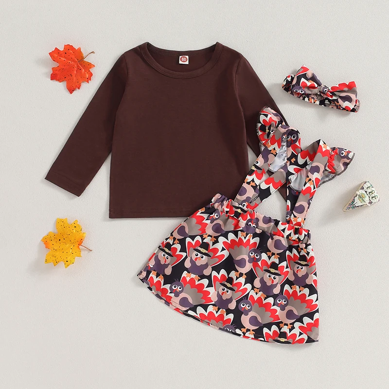 Pakaian Musim Gugur Anak Perempuan Kaos Lengan Panjang dengan Rok Motif Turki dan Bando Senada - Set Thanksgiving 3 Potong