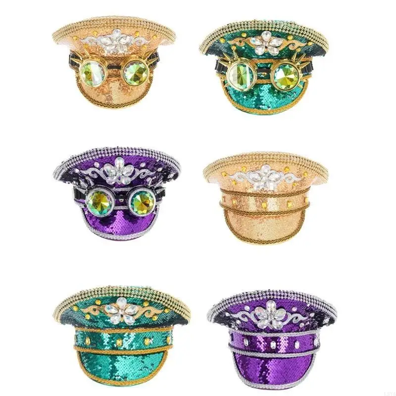

L5YA Crystal Studded Captain Hat Gothic Sequins Goggles Hat Wedding Party Bride Cap