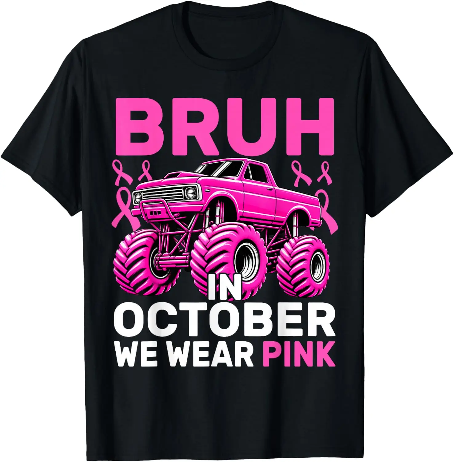 Bruh In October Wear Pink Monster Truck Breast Cancer Boys T-Shirt Cute Halloween Pumpkin Short-Sleeve Tee: Fun, Breathable, Pure Cotton, Stylish—Perfect for Sports, Lounging, or Casual Wear.