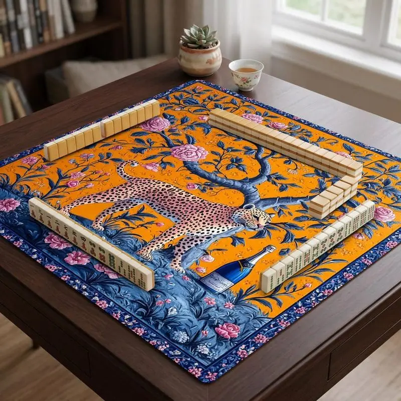 VIKAMA Orange Tree Floral Cheetah Mahjong Mat Non Slip Shock Absorb Soft Square Pad Washable Luxury Table Mat