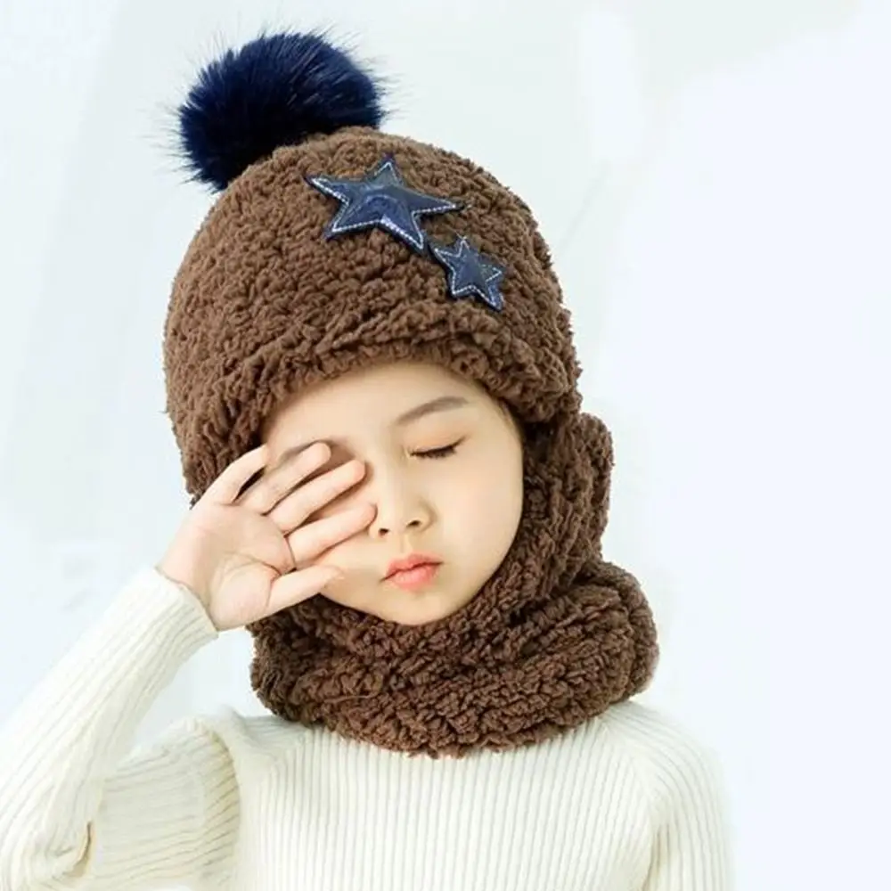 Winter Cute Star Coral Velvet Cap Polar Fleece Plush Kids Caps Balaclava Baby Scarf Hat Boys Girls