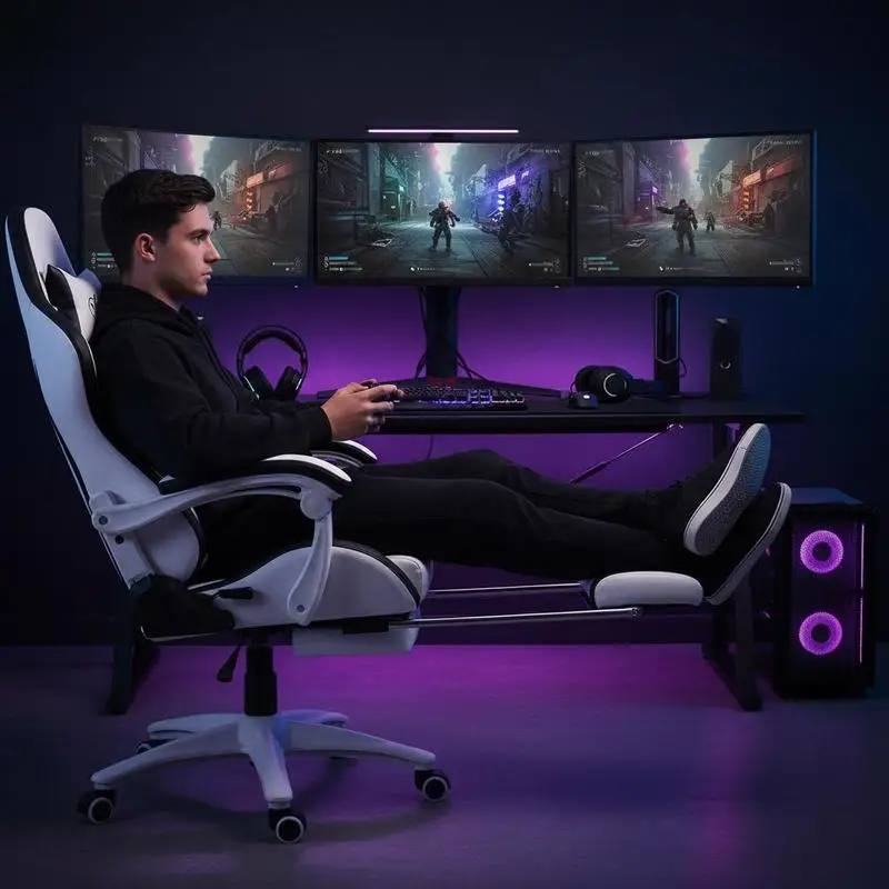 Fauteuil gaming blanc-noir 65×65×129 cm, dossier inclinable jusqu'à 135° ° Appui-tête et repose-pieds intégrés. Revêtement en PU confortable avec soutien lombaire, adapté aux longues sessions de jeu et de travail à domicile.
