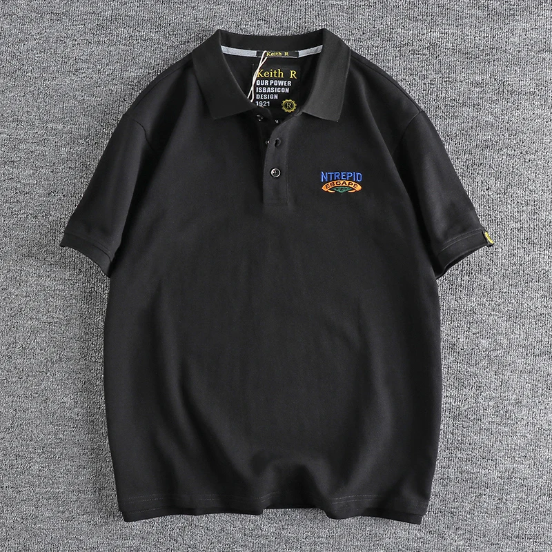 Summer New American Retro Knitted Letter Embroidery Pearl Cotton Polo Shirts Men's Fashion Washed Short Sleeve Casual T-shirt