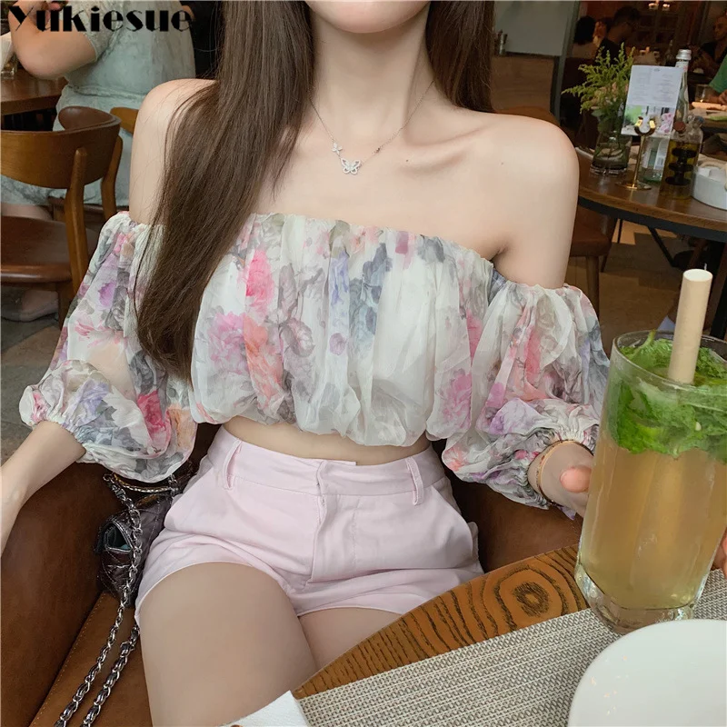 Summer Slash Neck Casual Butterfly-sleeve Party Tops Crop Floral New Blouse Women Sexy Sweet Trendy Feminine Maiden Off Shoulder