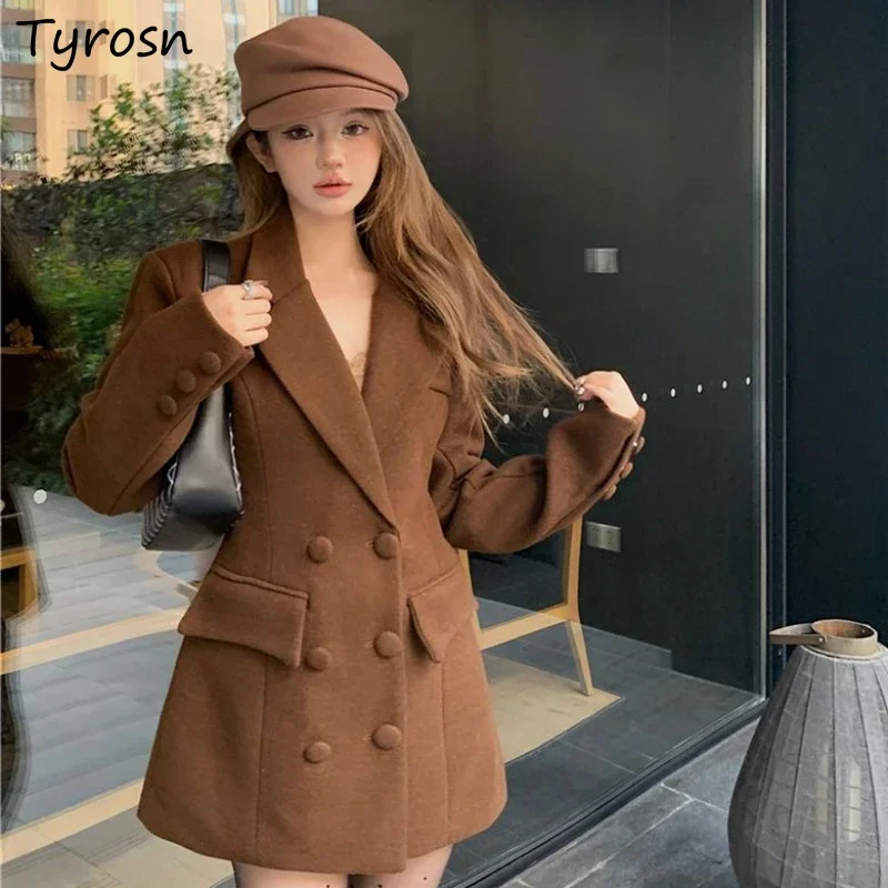 

Solid Pockets Double Breasted Slim Blends Women Korean Style Vintage Coat Autumn Winter Fashion All-match Simple Leisure Chic