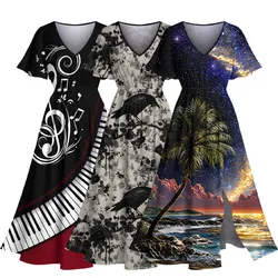 XS-6XL Plus Size 3D Printed Hawaii Split A Line Dresses With Pocket Women Spring Summer Graphic V-Neck Midi Dress Vestidos
