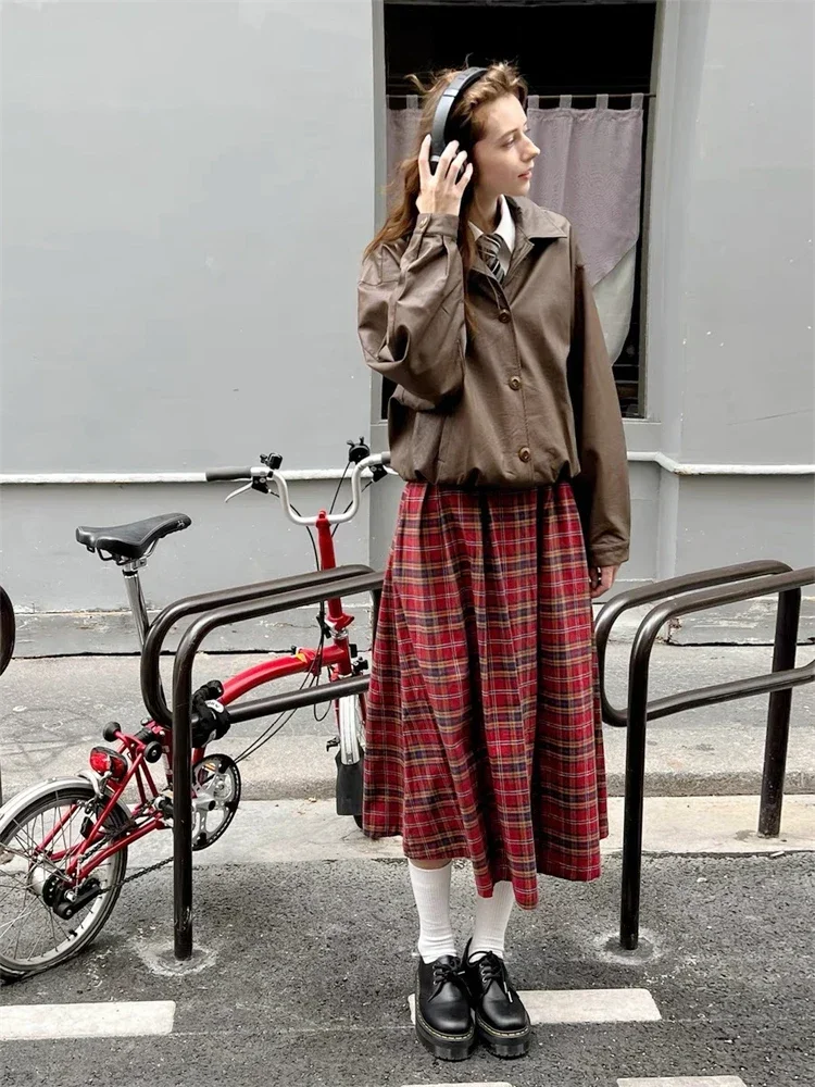 

Women's Red Plaid Mid Length Skirt American College Style Spring Design Color Contrast Female A-line Elastic Waist Long Skirt