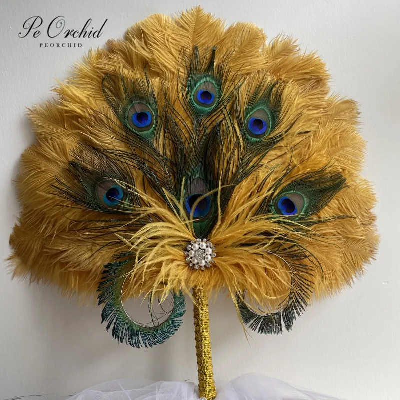 

PEORCHID Gold Gatsby 1920's Feather Bridal Fan African Wedding Brooch Bouquet Fan Nigerian Traditional Engagement Party Hand Fan