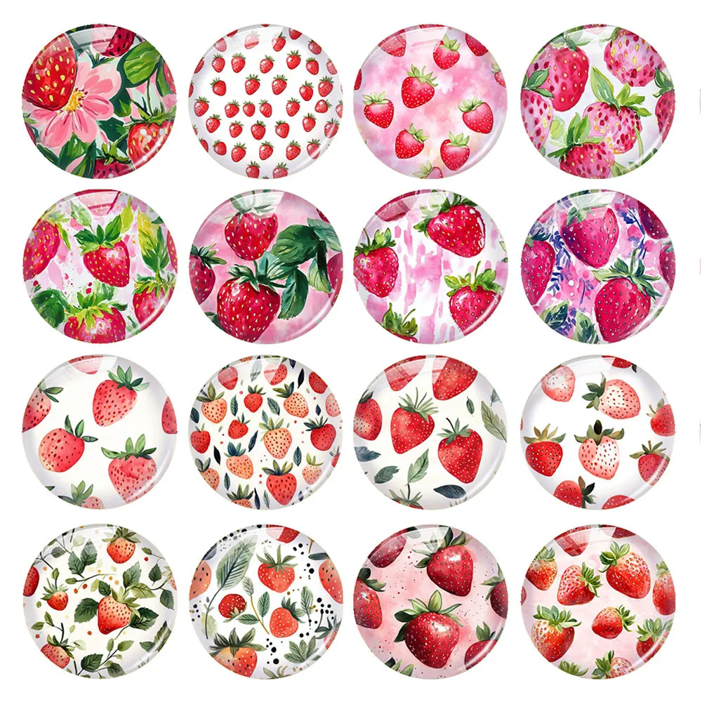 Random Mixed Round/Oval/Square Strawberry Fruit Photo Glass Cabochon Flatback Demo Cameo For Diy Jewelry Making