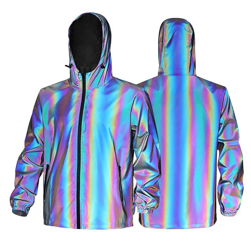 

Мужская светоотражающая куртка градиентного цвета, модная уличная одежда в стиле хип-хоп, ночные уличные ветрозащитные пальто с капюшоном для танцев, скейтборда