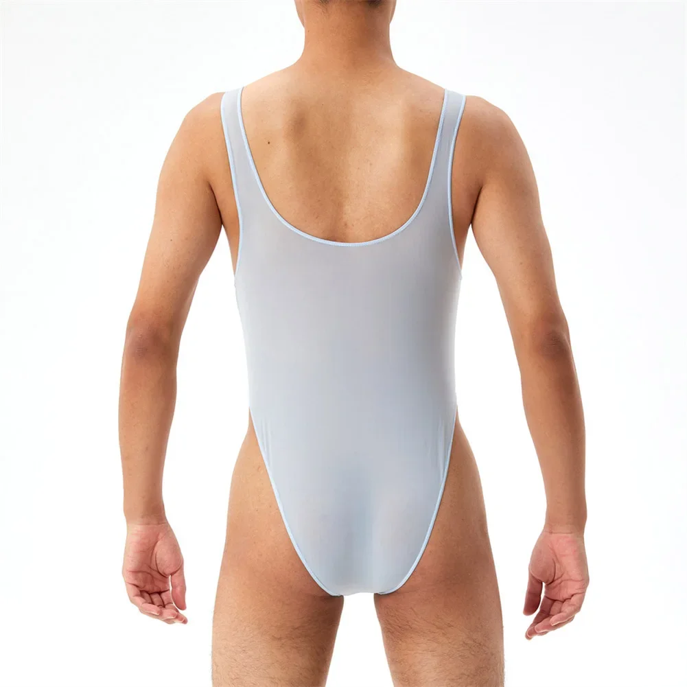 Body transparente de malla ultrafina para hombre, ropa interior Sexy sin mangas de corte alto, mameluco Delgado transpirable, lencería erótica