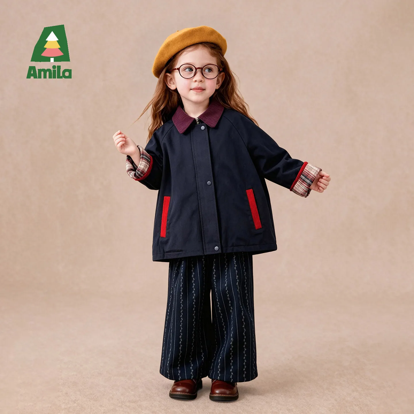 Amila 2026 Autumn New Kids Turn Down Collar Casual Jacket Classic Plaid Color Block Leisure Preppy Style Versatile Top