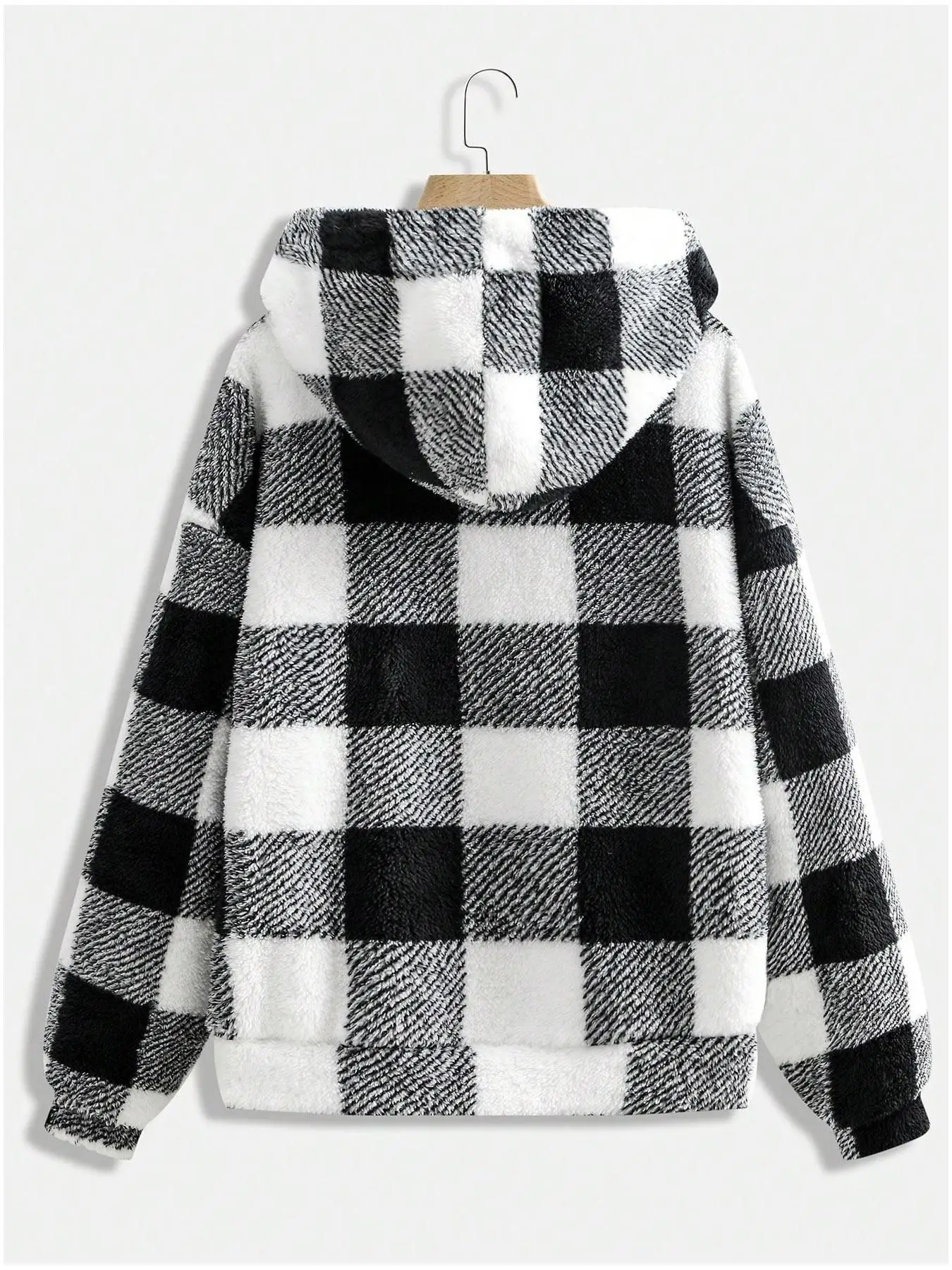 【Plus Size】 Plaid Print Pocket Zip Up Drawstring Hooded Jacket, Casual Long Sleeve Drop Shoulder Fuzzy Outerwear for Fall & Wint