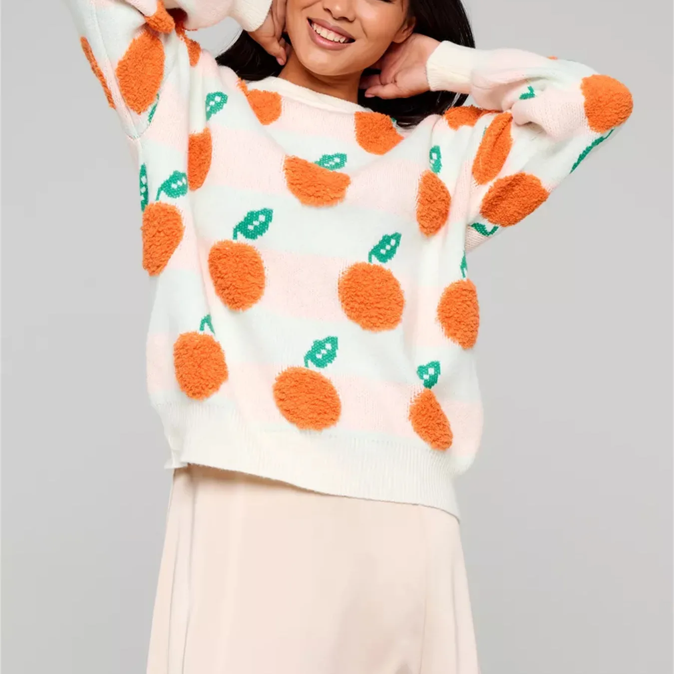 2023 Casual Loose Orange Flocking Jacquard Round Neck Long Sleeve Thickened Knitted Pullover Sweater For Women