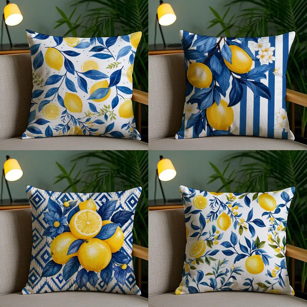 4PC Blue Tile Mediterranean Lemon Cushion Cover Soft Plush Double-Sided Print Pillow Case Home Decor for Sofa Living Room Gift